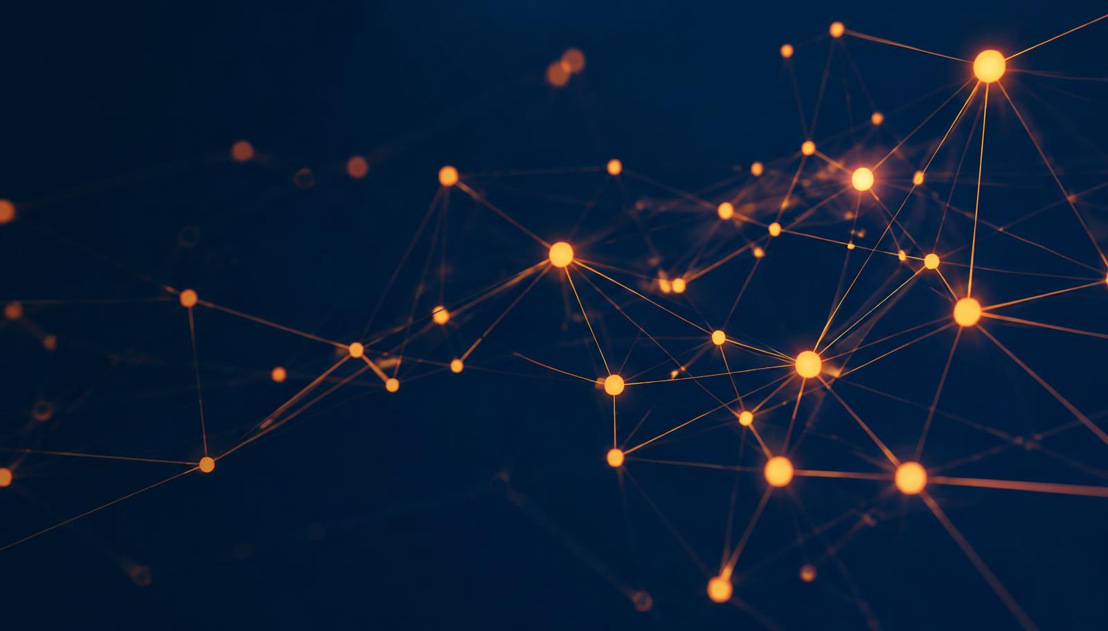 Abstract network of glowing amber nodes connected by thin lines on a navy background