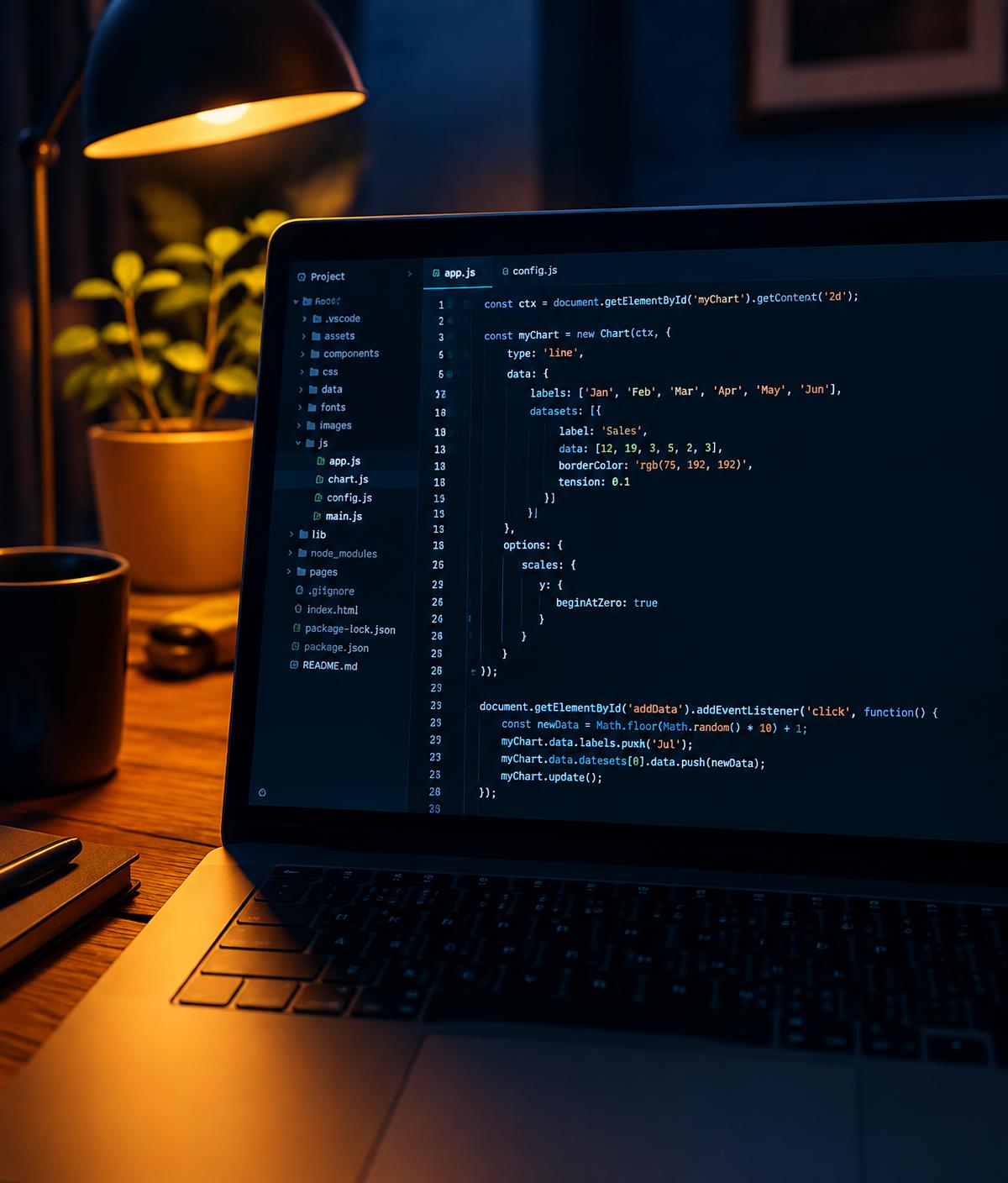 Laptop displaying source code beside a warm desk lamp (illustrative image)