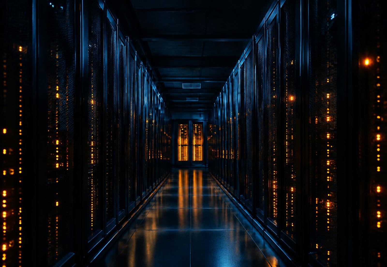 Server room corridor lit with amber indicator lights (illustrative image)