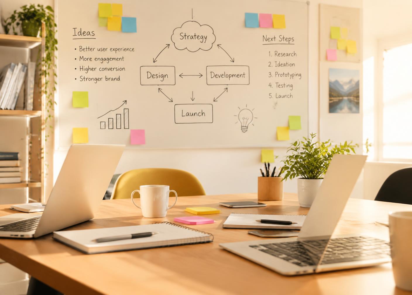 Bright shared workspace with laptops and a whiteboard planning diagram (illustrative image)